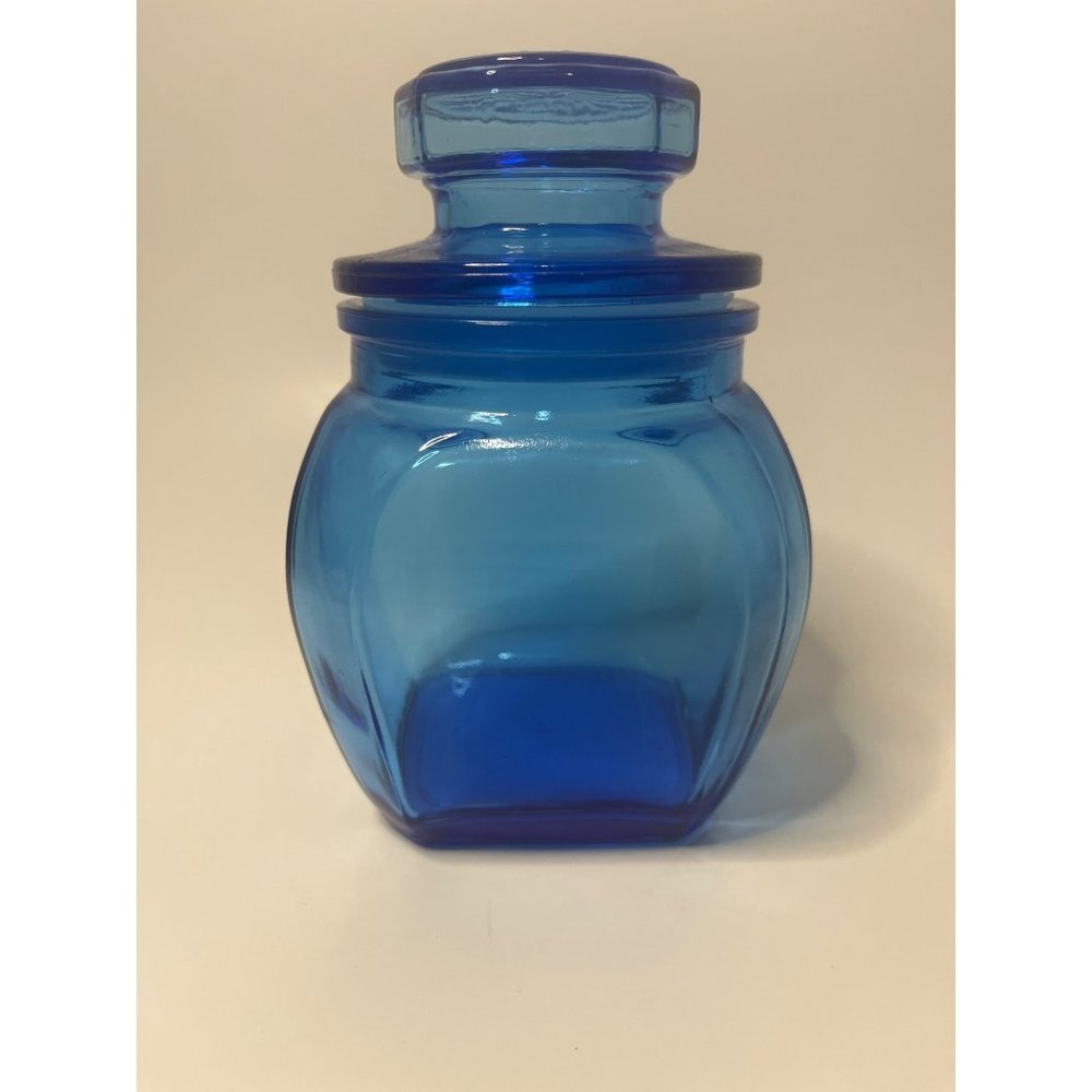 Vintage Anchor Hocking Cobalt Blue Apothecary Glass Canister with Lid 6"